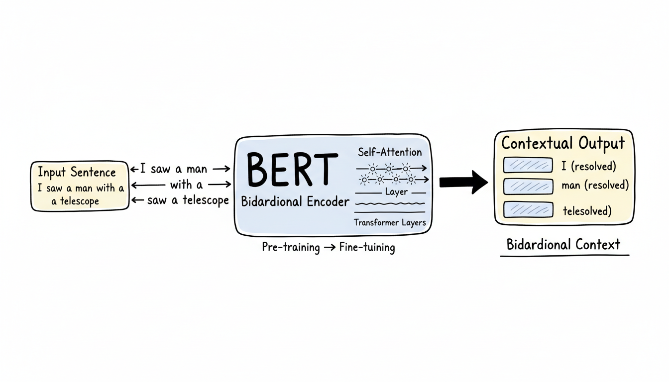 BERT Bidirectional Transformer Architecture — framework diagram showing bidirectional context, self-attention layers, and Transformer processing pipeline