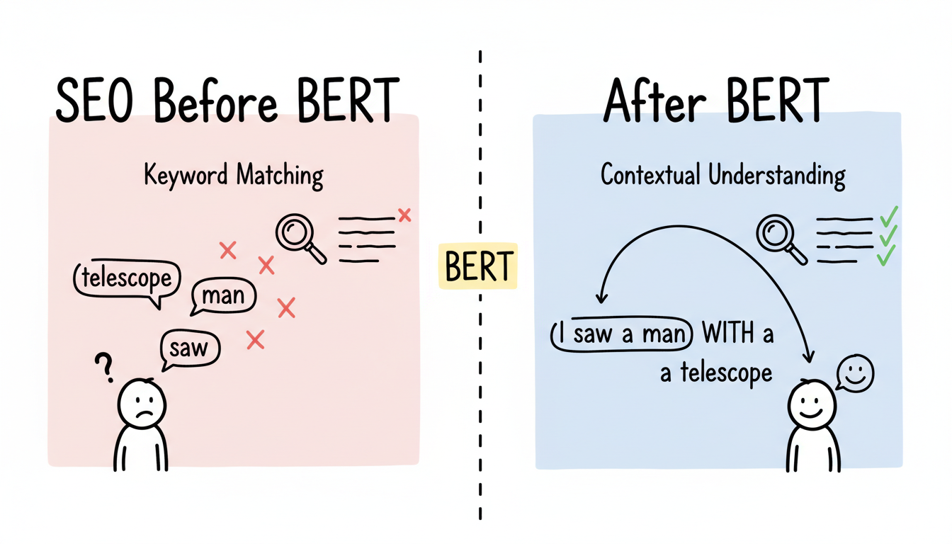 SEO Before vs After BERT — comparison showing keyword-matching limitations vs. BERT's contextual understanding and improved search relevance