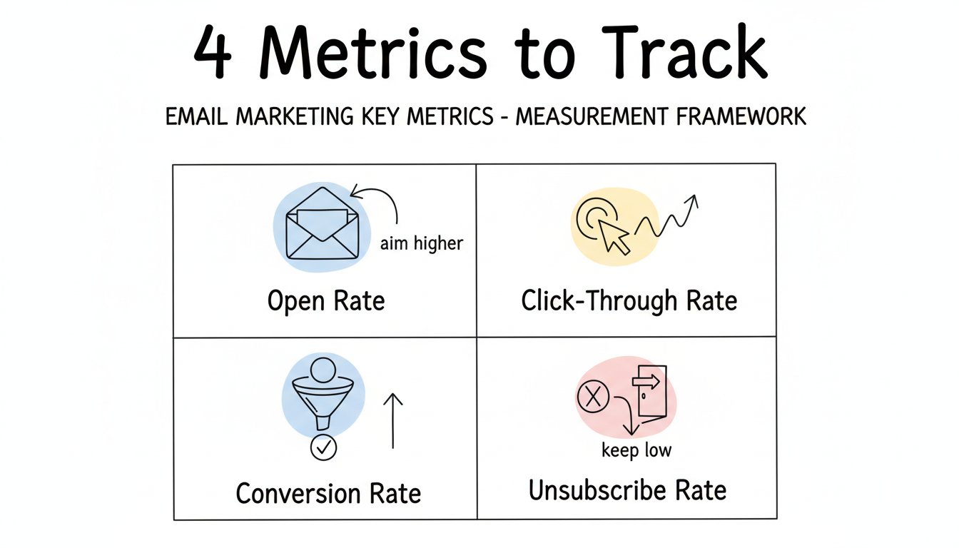 Four key email marketing metrics to track: open rate, click-through rate, conversion rate, and unsubscribe rate