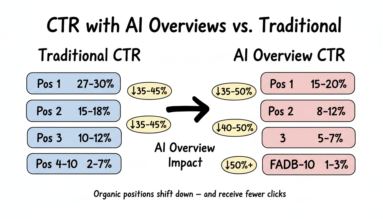 CTR baseline shift: Traditional organic CTR vs CTR with AI Overview present, showing 35-50% drops across all positions