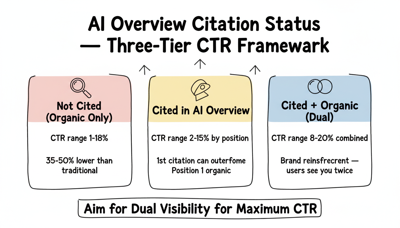 Three-tier citation status framework: Not Cited, Cited in AI Overview, and Cited + Organic (Dual Visibility) with expected CTR ranges for each tier