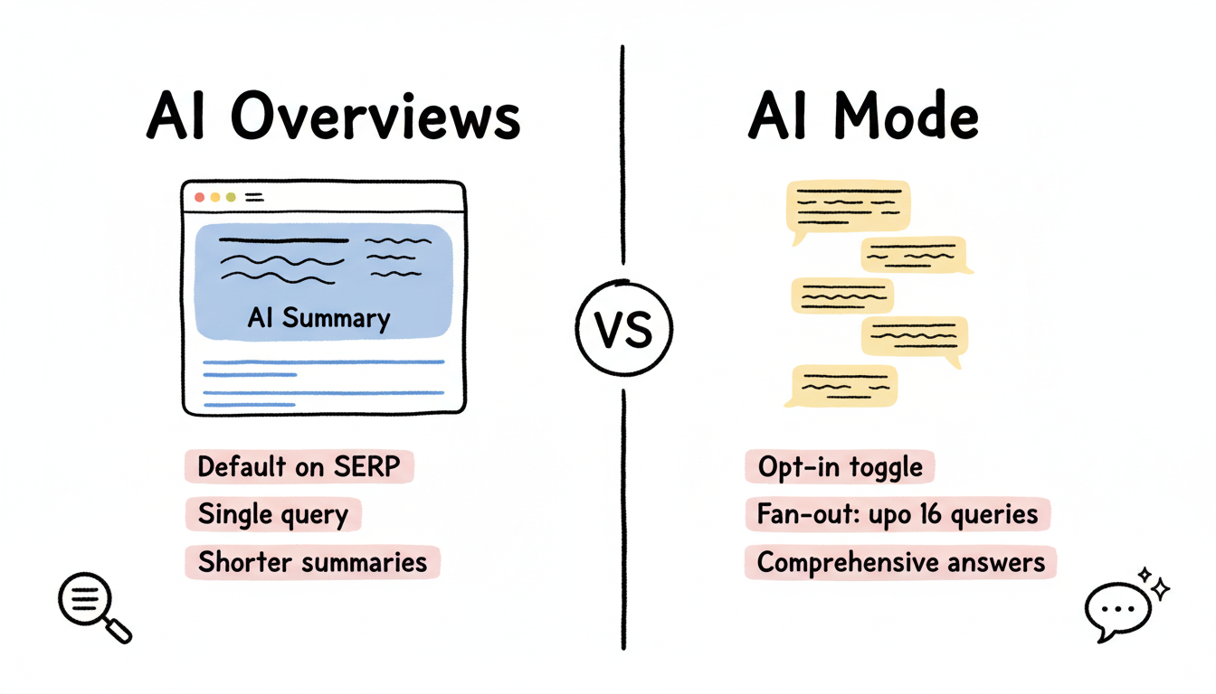 AI Overviews vs AI Mode side-by-side comparison showing organic results, query handling, and access method differences