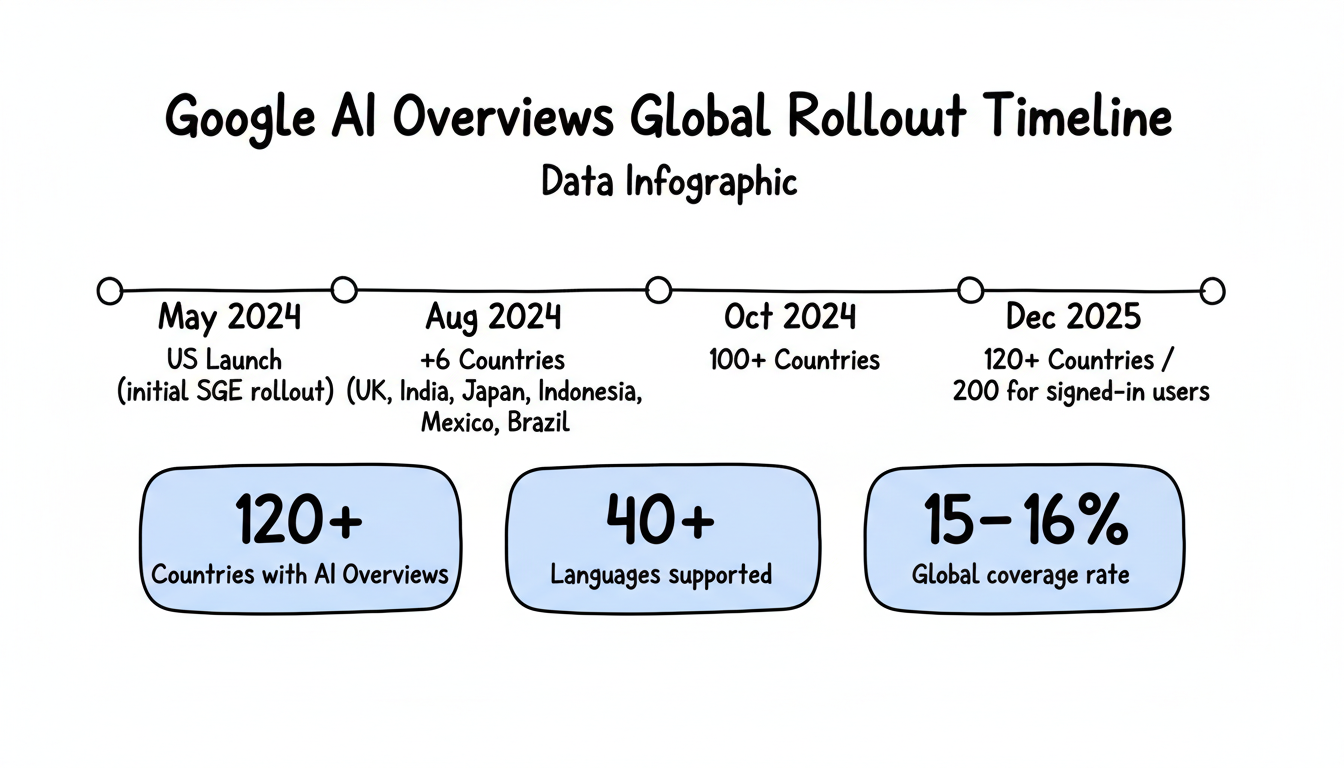 Google AI Overviews global rollout timeline showing key milestones from May 2024 US launch to 120+ countries in December 2025, with coverage stats