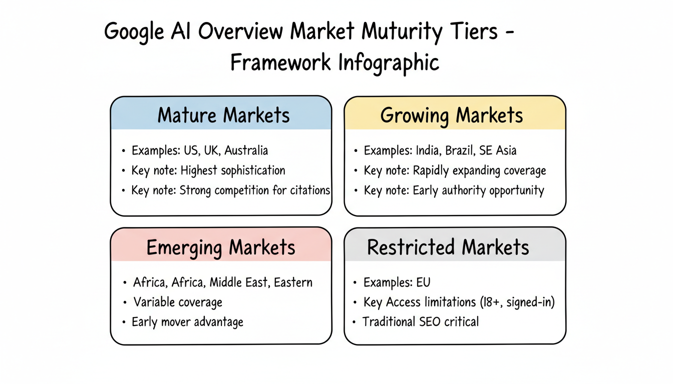 Market maturity tiers for Google AI Overview optimization: Mature (US/UK/AU), Growing (India/Brazil/SE Asia), Emerging (Africa/Middle East/Eastern Europe), Restricted (EU)