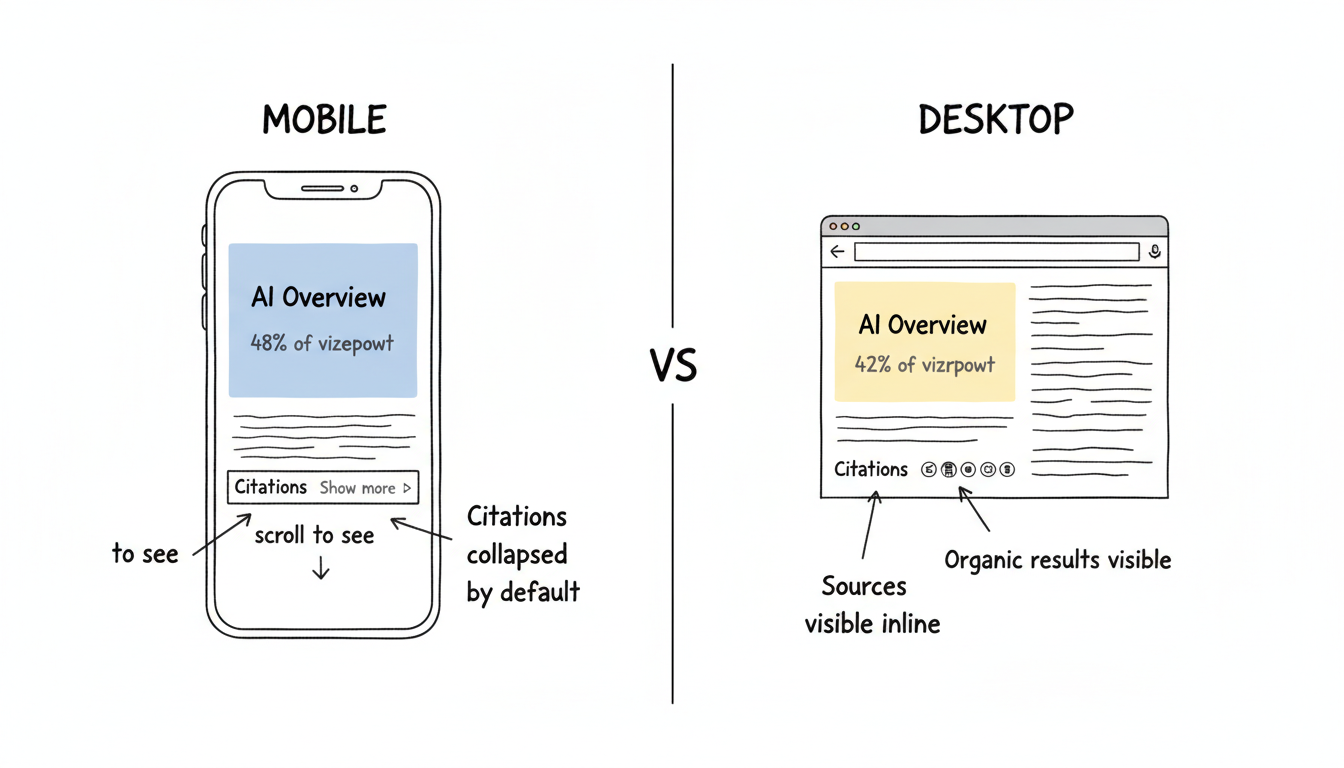 Google AI Overview mobile vs desktop display comparison: mobile shows 48% viewport with collapsed citations, desktop shows 42% viewport with sources visible inline