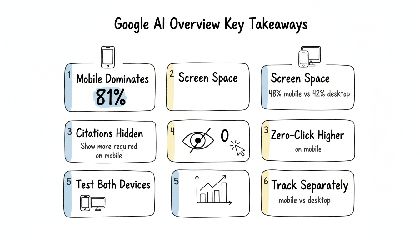 Key takeaways summary card: 6 numbered points covering mobile dominance at 81%, screen space differences, hidden citations, higher zero-click rates, and device-specific tracking