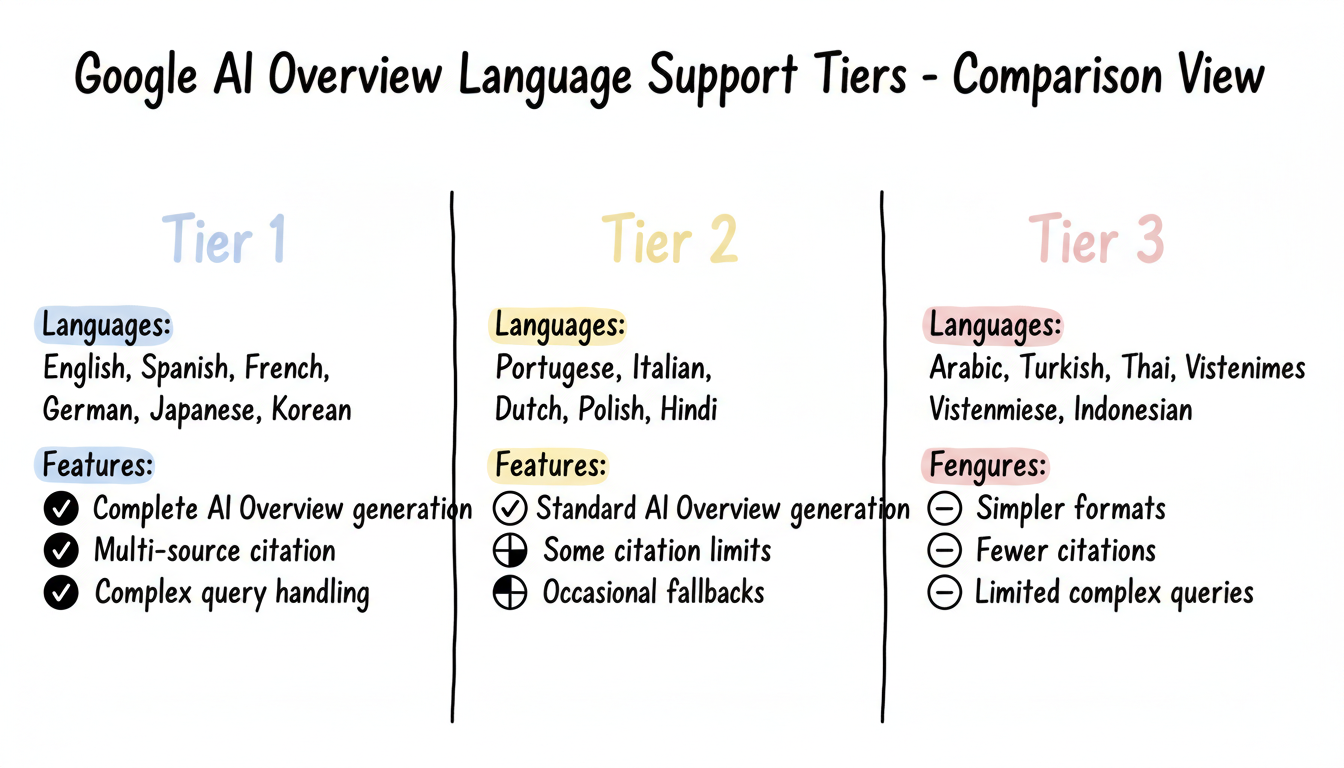 Google AI Overview language support tiers: Tier 1, Tier 2, and Tier 3 capabilities compared