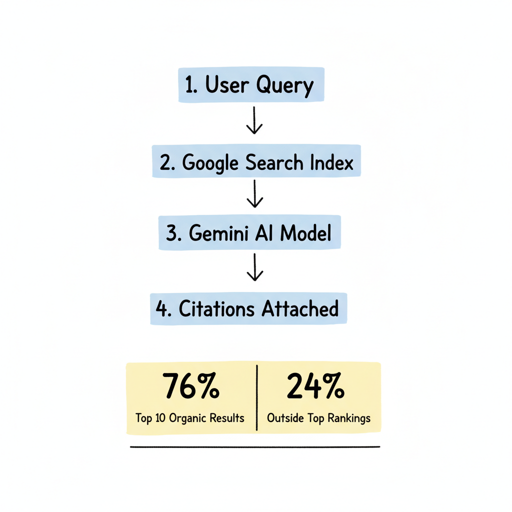 AI Overview citation process: 5-step flow from user query through Google Search Index and Gemini AI to citations, with 76% vs 24% source split visualization