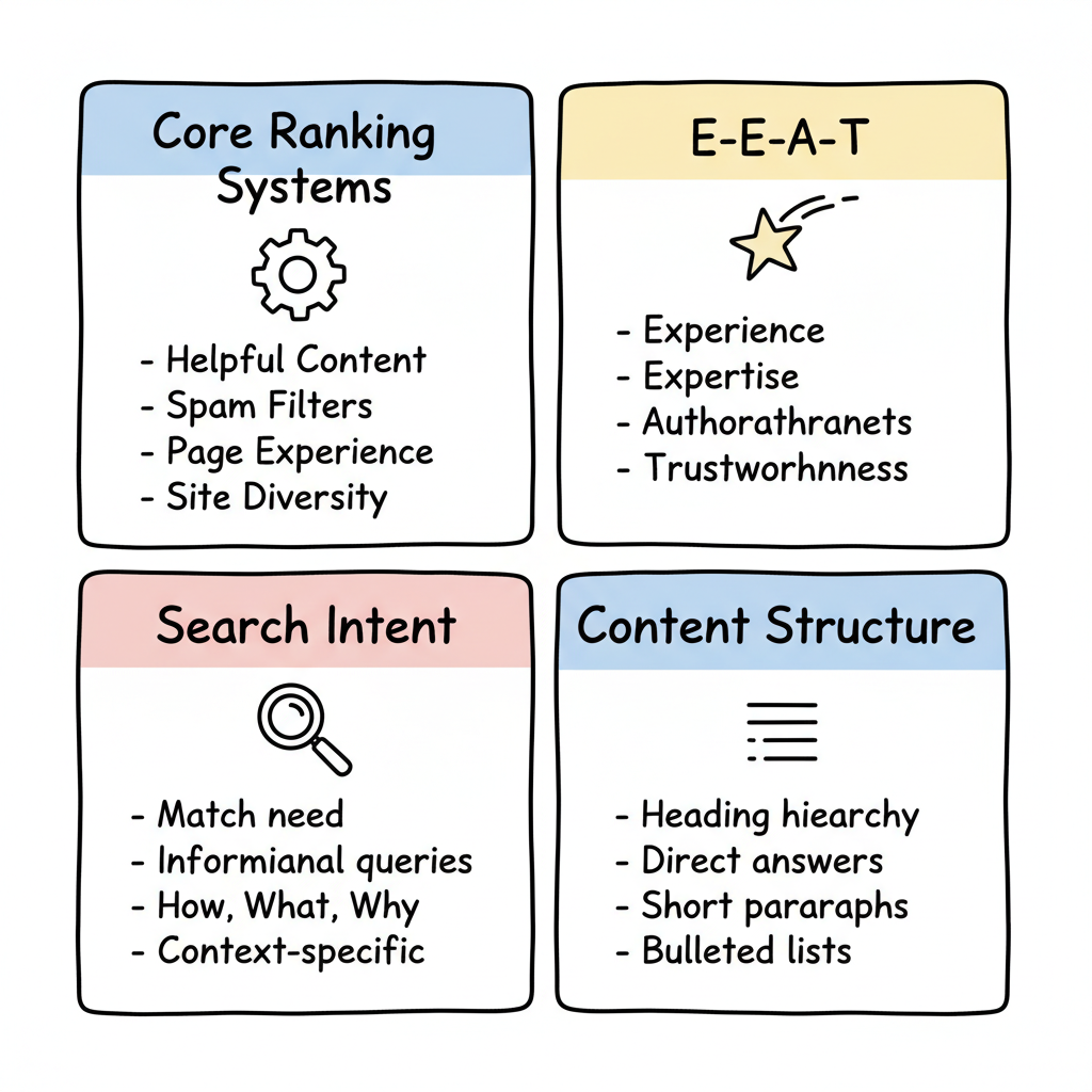 4-panel grid of confirmed AI Overview ranking factors: Core Ranking Systems, E-E-A-T, Search Intent, and Content Structure with key points for each