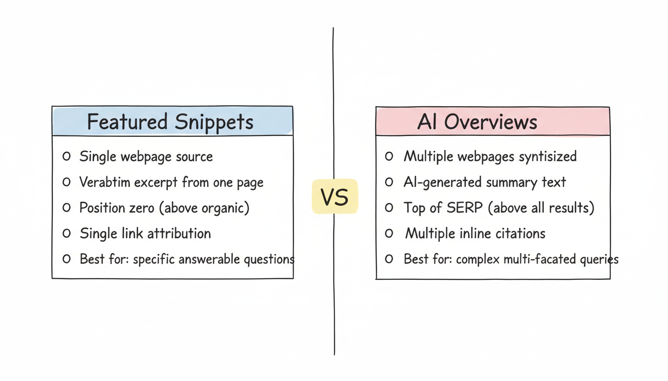 Featured Snippets vs AI Overviews side-by-side comparison
