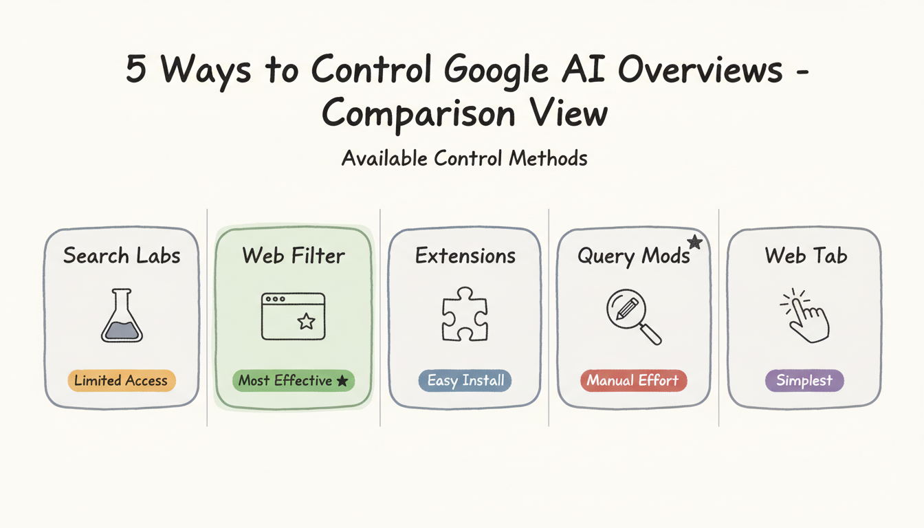 Comparison of 5 methods to control Google AI Overviews — Search Labs, Web Filter, Extensions, Query Modifications, and Web Tab Switch