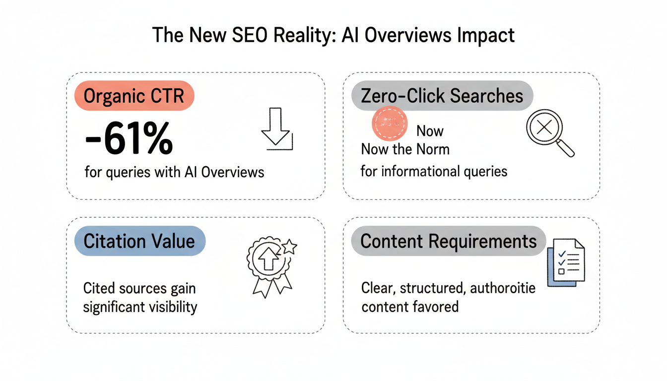The New SEO Reality: AI Overviews impact on organic CTR, zero-click searches, citation value, and content requirements