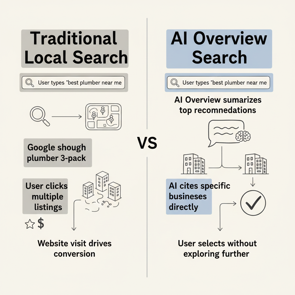 Traditional local search vs AI Overview local search — side-by-side comparison of the two user journey flows