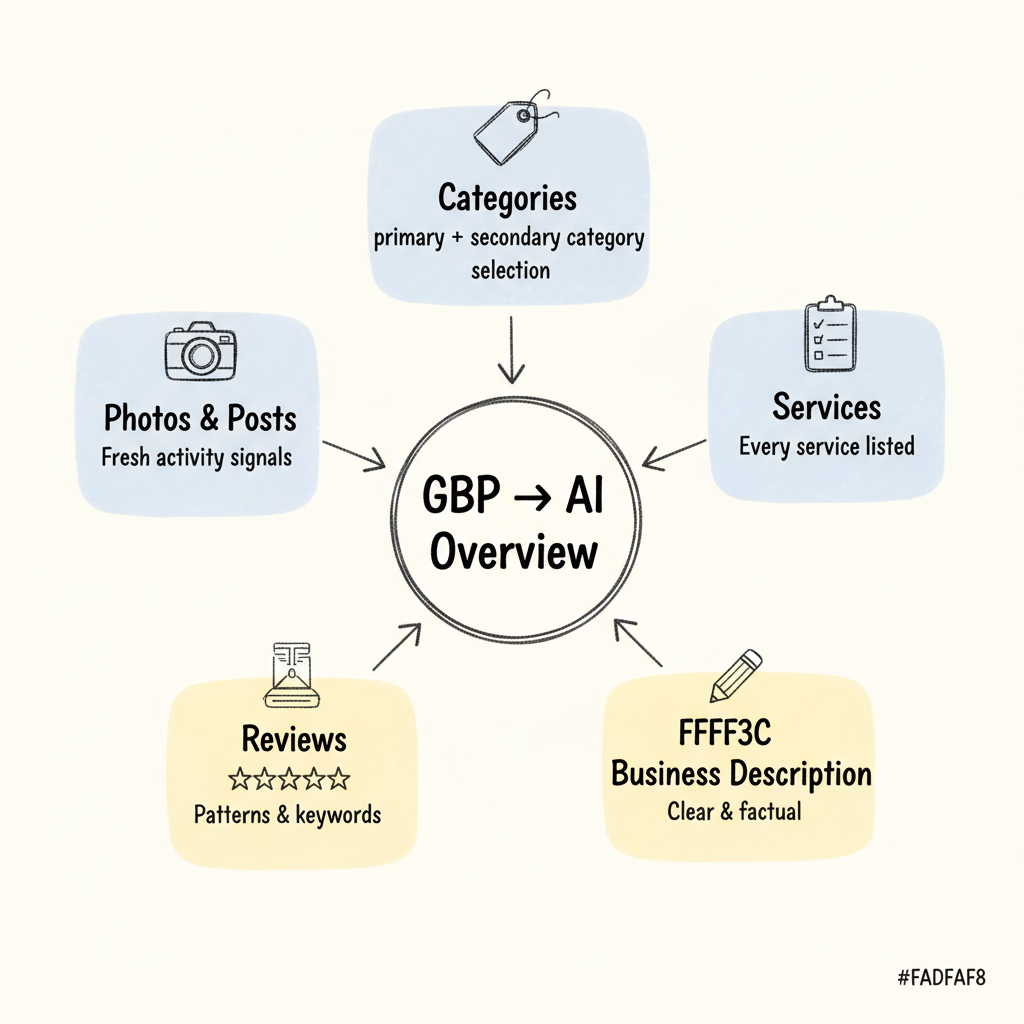 Google Business Profile AI visibility pillars — five key GBP elements that feed AI Overview recommendations
