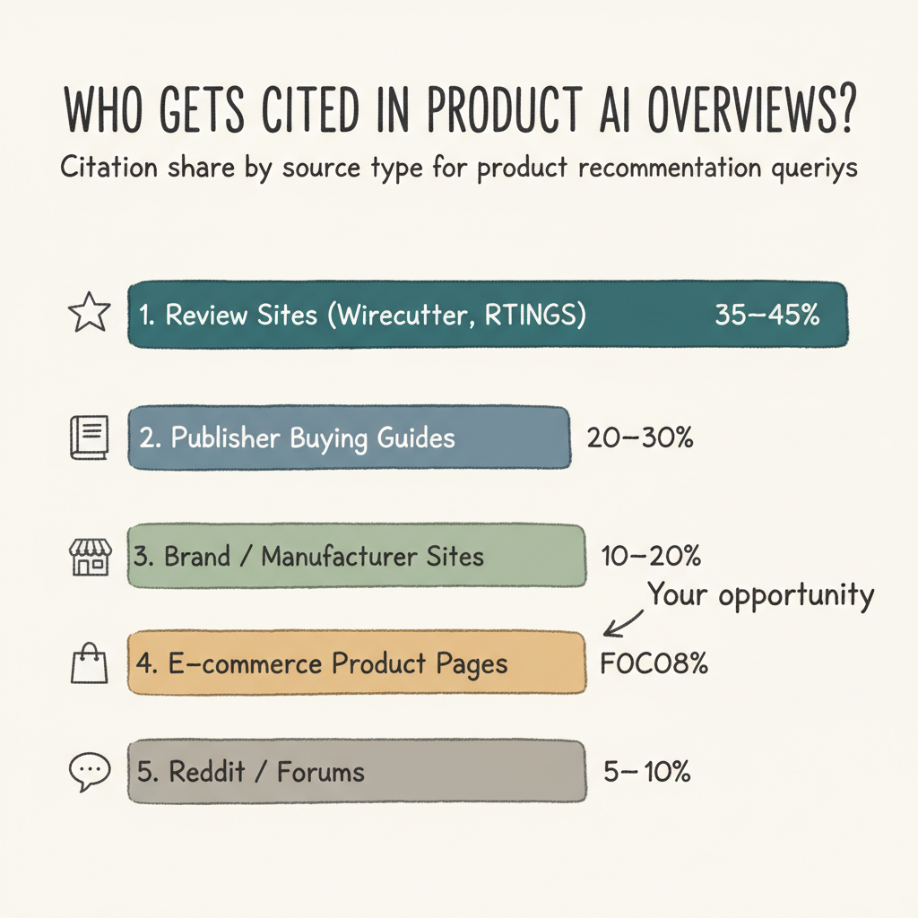 Citation source breakdown for product AI Overviews showing e-commerce pages at 5-15% share