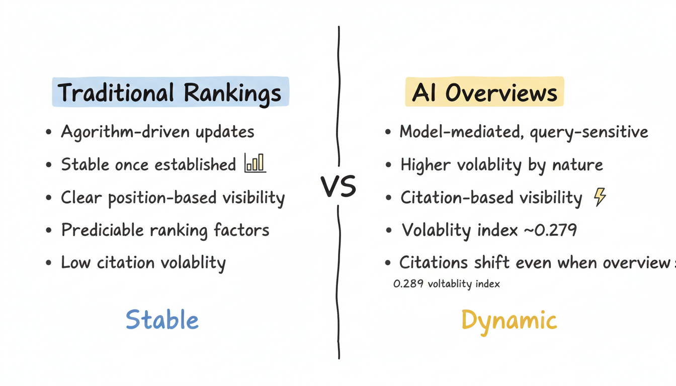 AI Overviews vs Traditional Rankings comparison: stable algorithm-driven rankings on the left vs volatile model-mediated AI Overviews on the right, with 0.279 volatility index