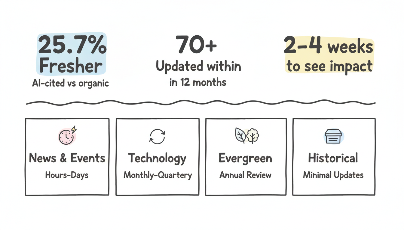 Content freshness data and update cadence by content type: stats showing 25.7% fresher citations, 70%+ updated within 12 months, and recommended update frequencies for News, Technology, Evergreen, and Historical content