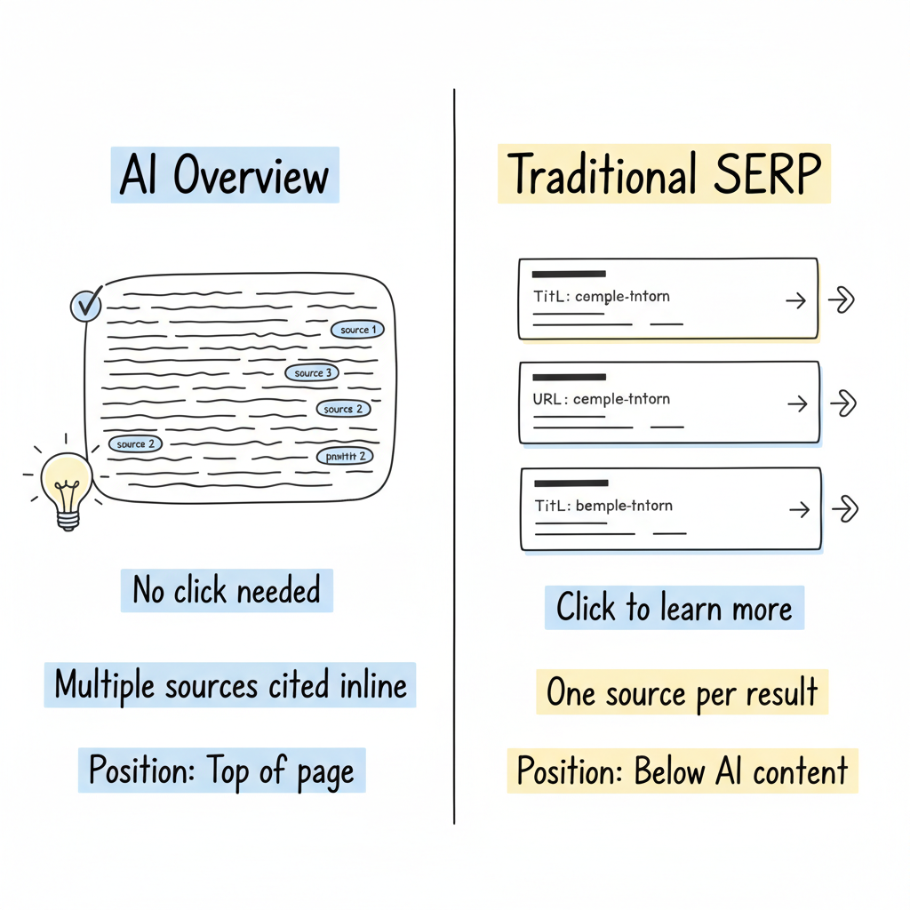 AI Overview vs Traditional SERP comparison: hand-drawn side-by-side showing synthesized summary with inline citations on the left versus classic blue-link results on the right