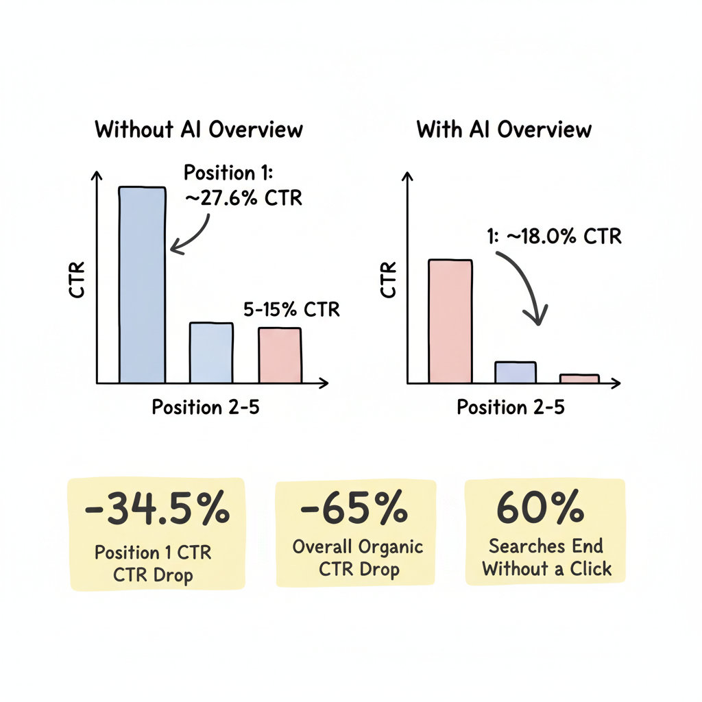CTR impact visualization: hand-drawn bar chart comparing click-through rates with and without AI Overviews, highlighting -34.5% Position 1 drop and -65% overall organic CTR decline