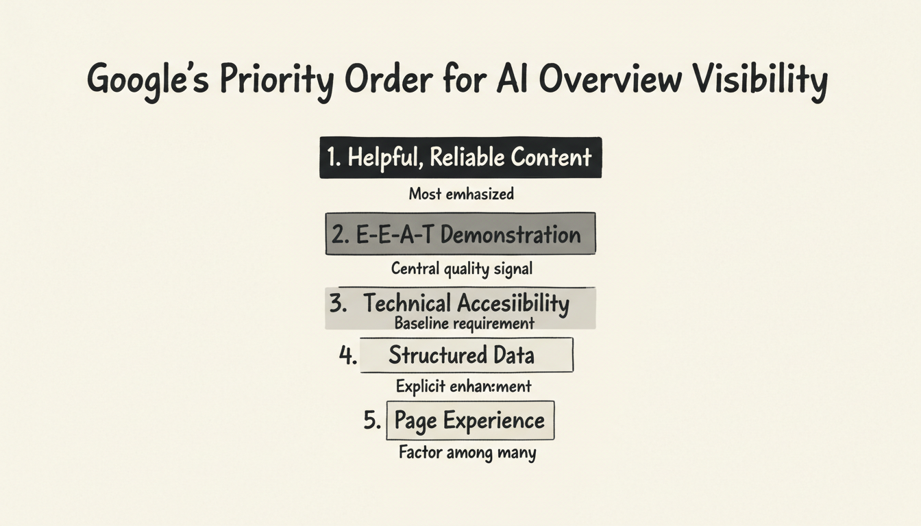 Google's Official Priority Hierarchy for AI Overview Visibility — ranked 5-tier pyramid