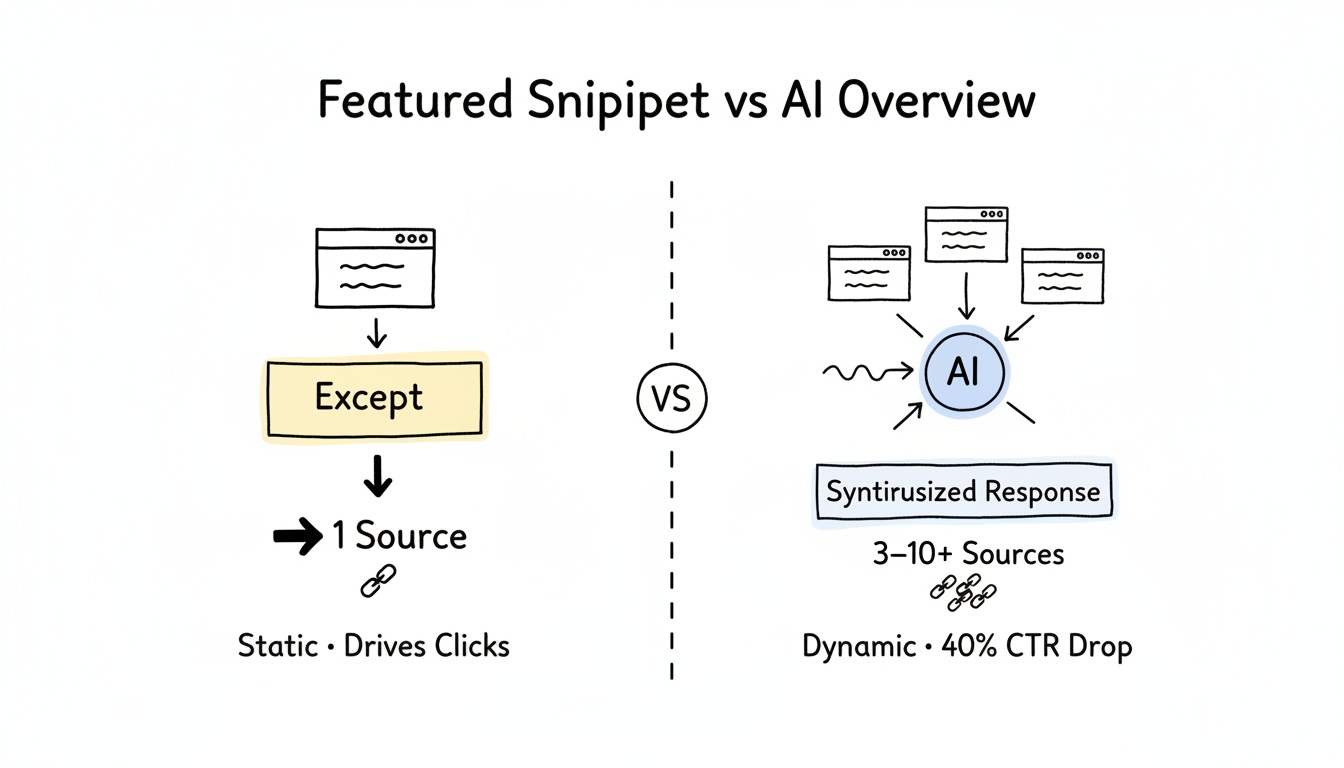 Featured Snippet vs AI Overview comparison showing single-source excerpt versus multi-source AI synthesis