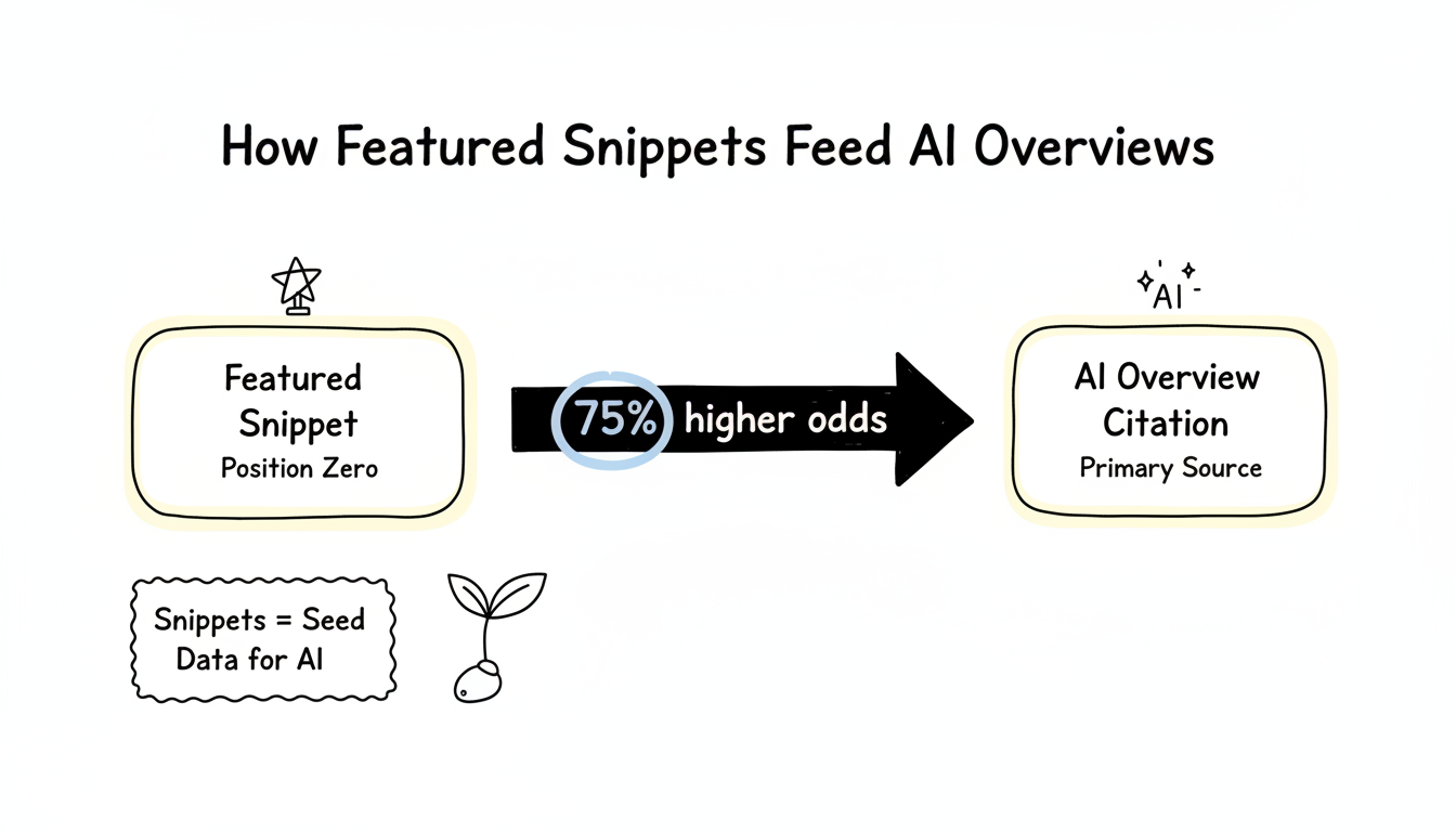 How featured snippets feed AI Overviews with 75% higher citation odds pipeline diagram