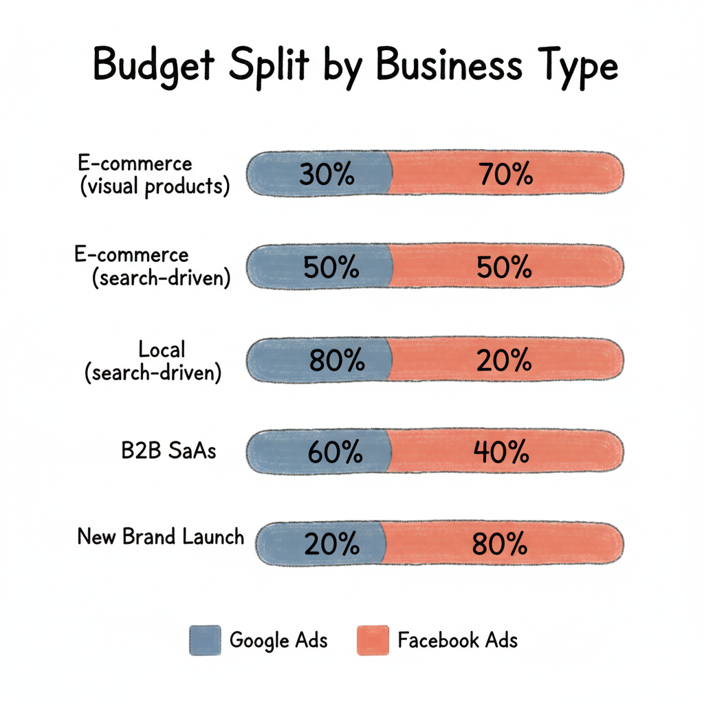 Budget allocation split by business type between Google Ads and Facebook Ads