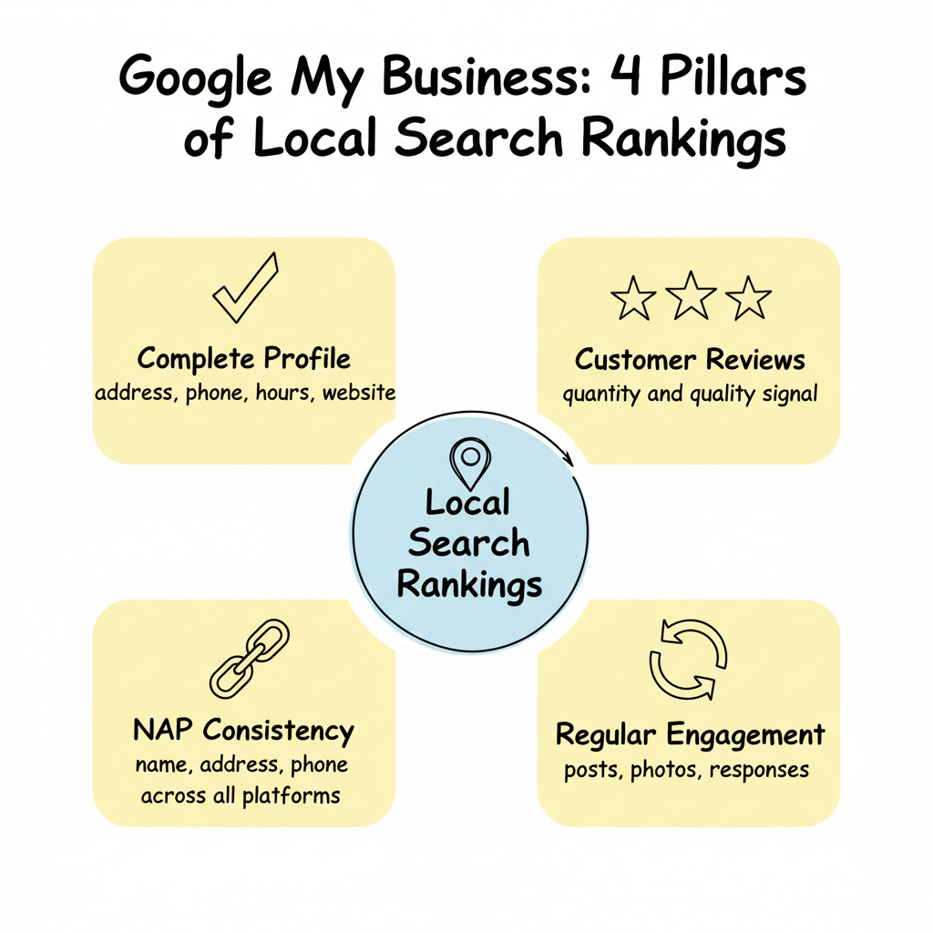 Google My Business 4 pillars of local search rankings: complete profile, customer reviews, NAP consistency, and regular engagement