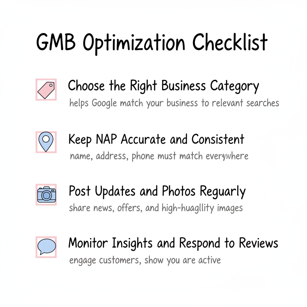 GMB optimization checklist: choose business category, keep NAP consistent, post updates and photos, monitor insights and respond to reviews