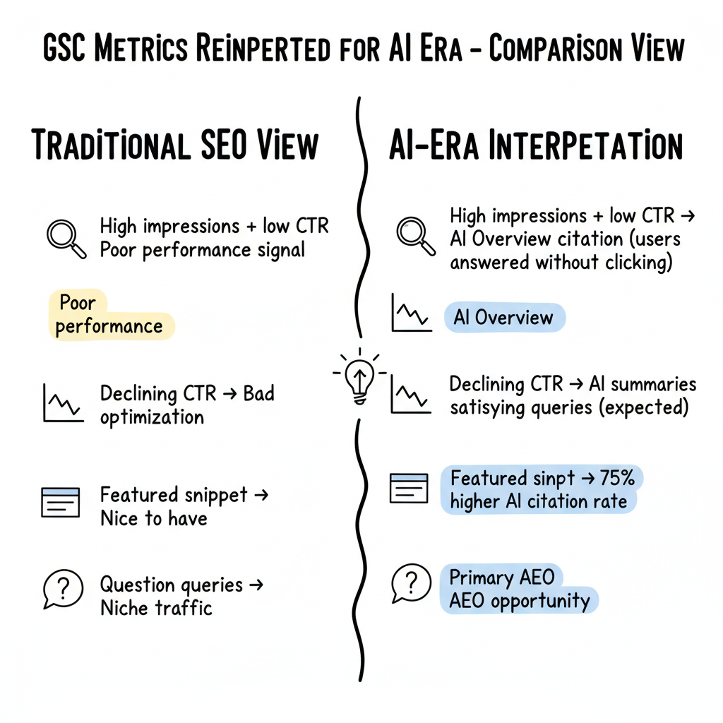 GSC metrics reinterpreted for the AI era: traditional vs. AI-era interpretation side-by-side