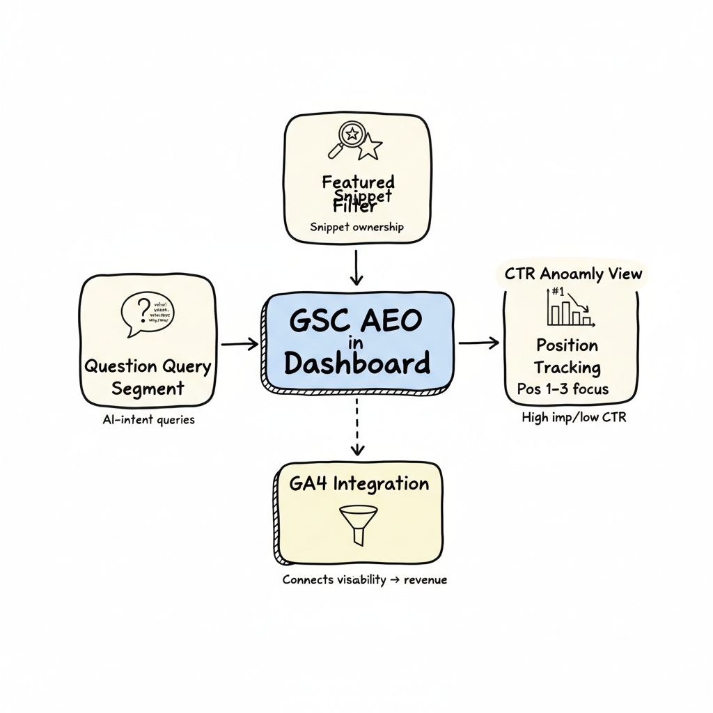 AEO dashboard framework in GSC: hub-and-spoke diagram showing featured snippets, question queries, position tracking, CTR anomalies, and GA4 integration