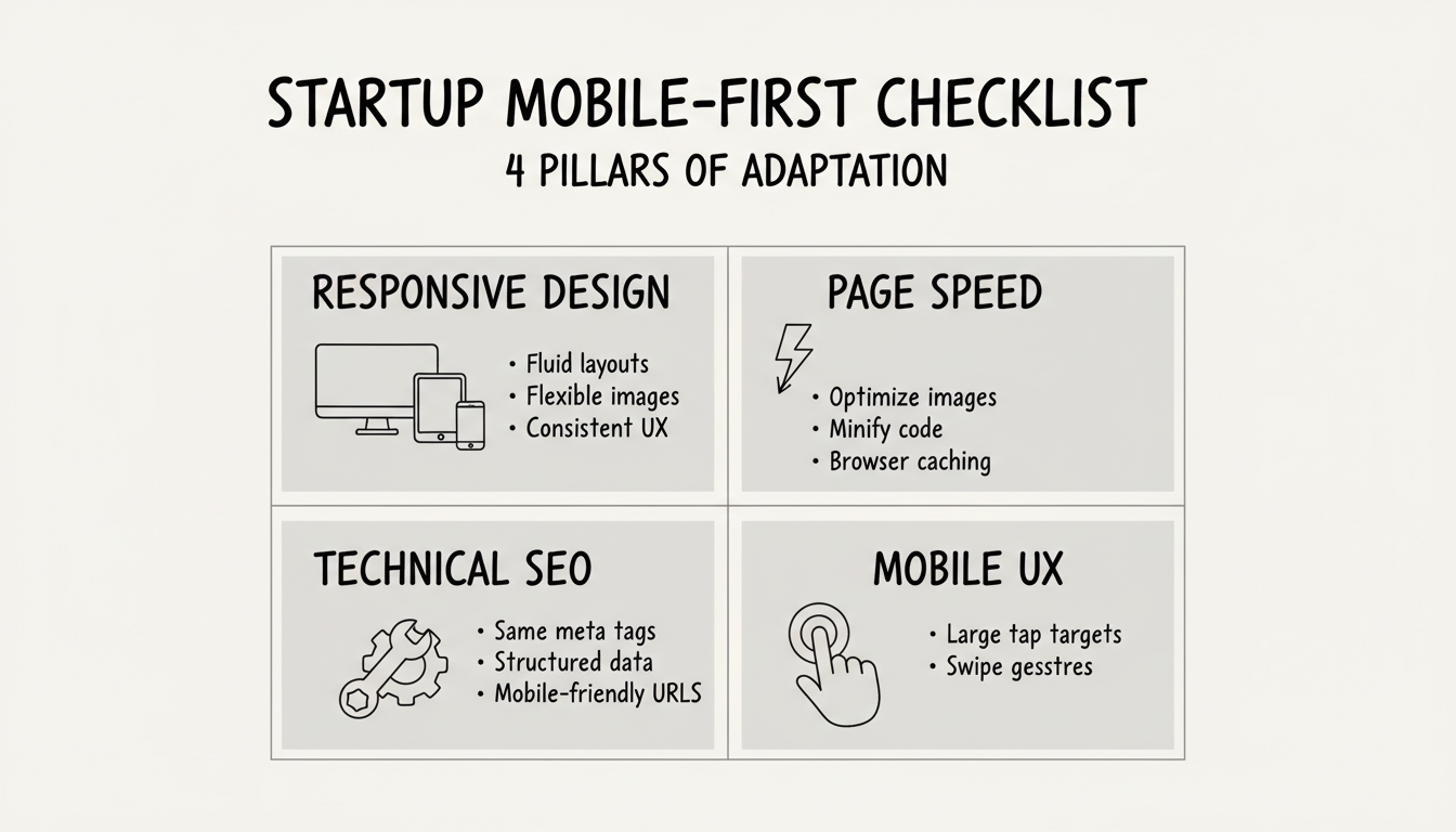 Startup mobile-first adaptation checklist: 4 pillars — Responsive Design, Page Speed, Technical SEO, Mobile UX