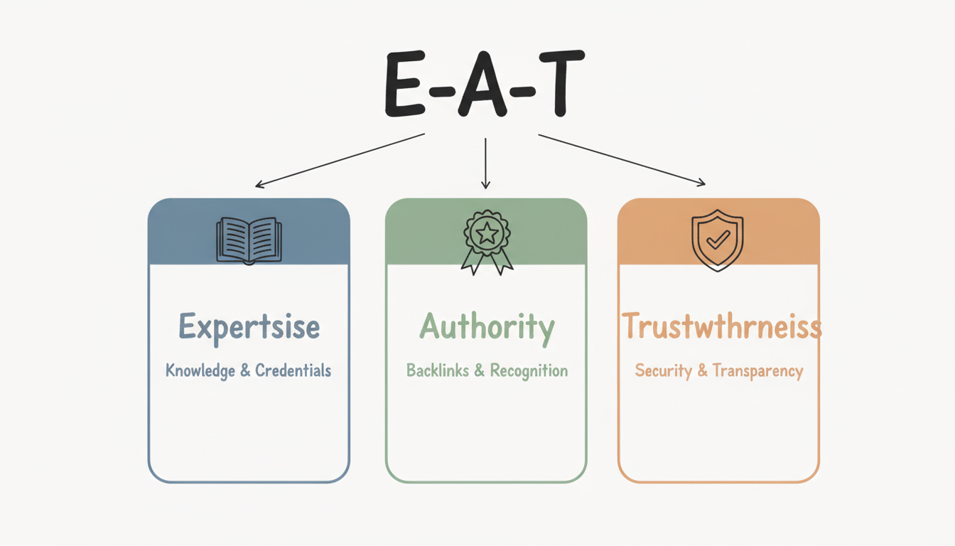 The E-A-T framework: three equal pillars — Expertise, Authority, and Trustworthiness — converging to a central E-A-T concept
