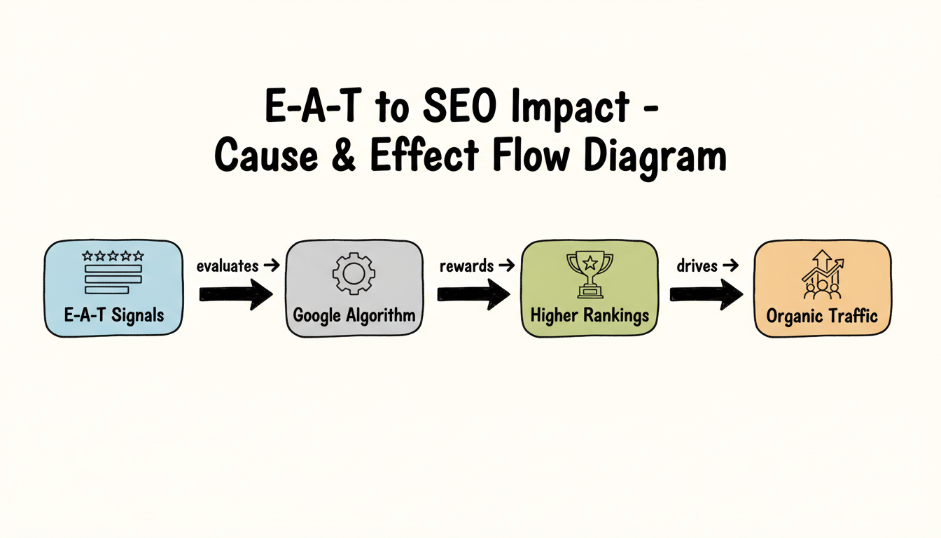 E-A-T to SEO impact: a four-node cause-and-effect flow from E-A-T Signals through Google's Algorithm to Higher Rankings and Organic Traffic