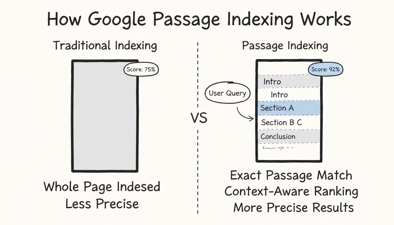 How Google Passage Indexing Works: traditional whole-page indexing compared to passage-level indexing with per-passage relevance scoring