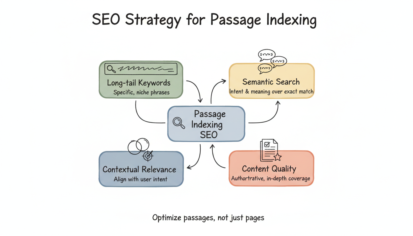 SEO strategy framework for Passage Indexing showing four pillars: Long-tail Keywords, Semantic Search, Content Quality, and Contextual Relevance
