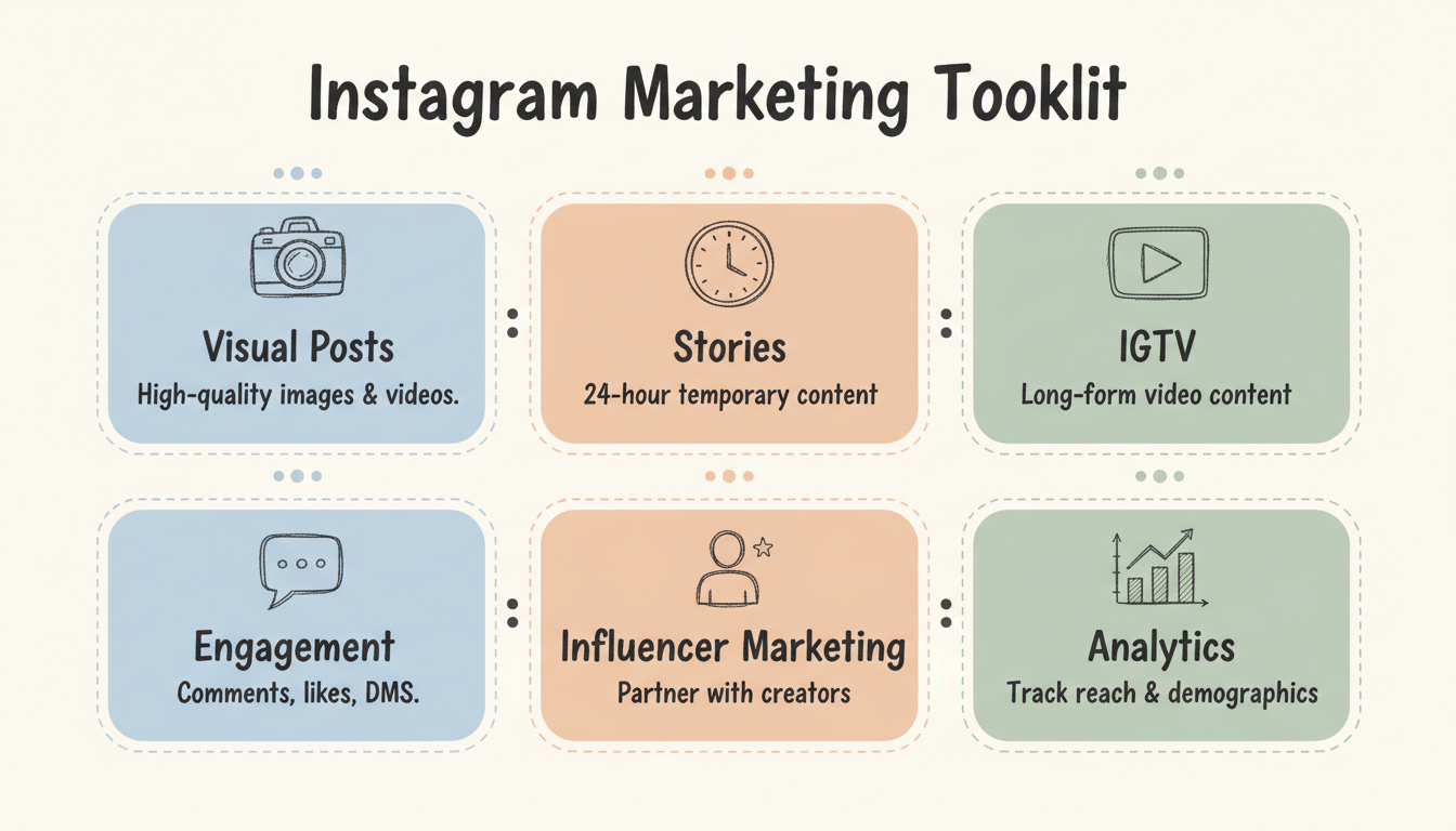 Instagram Marketing Toolkit - 6 core features: Visual Posts, Stories, IGTV, Engagement, Influencer Marketing, and Analytics