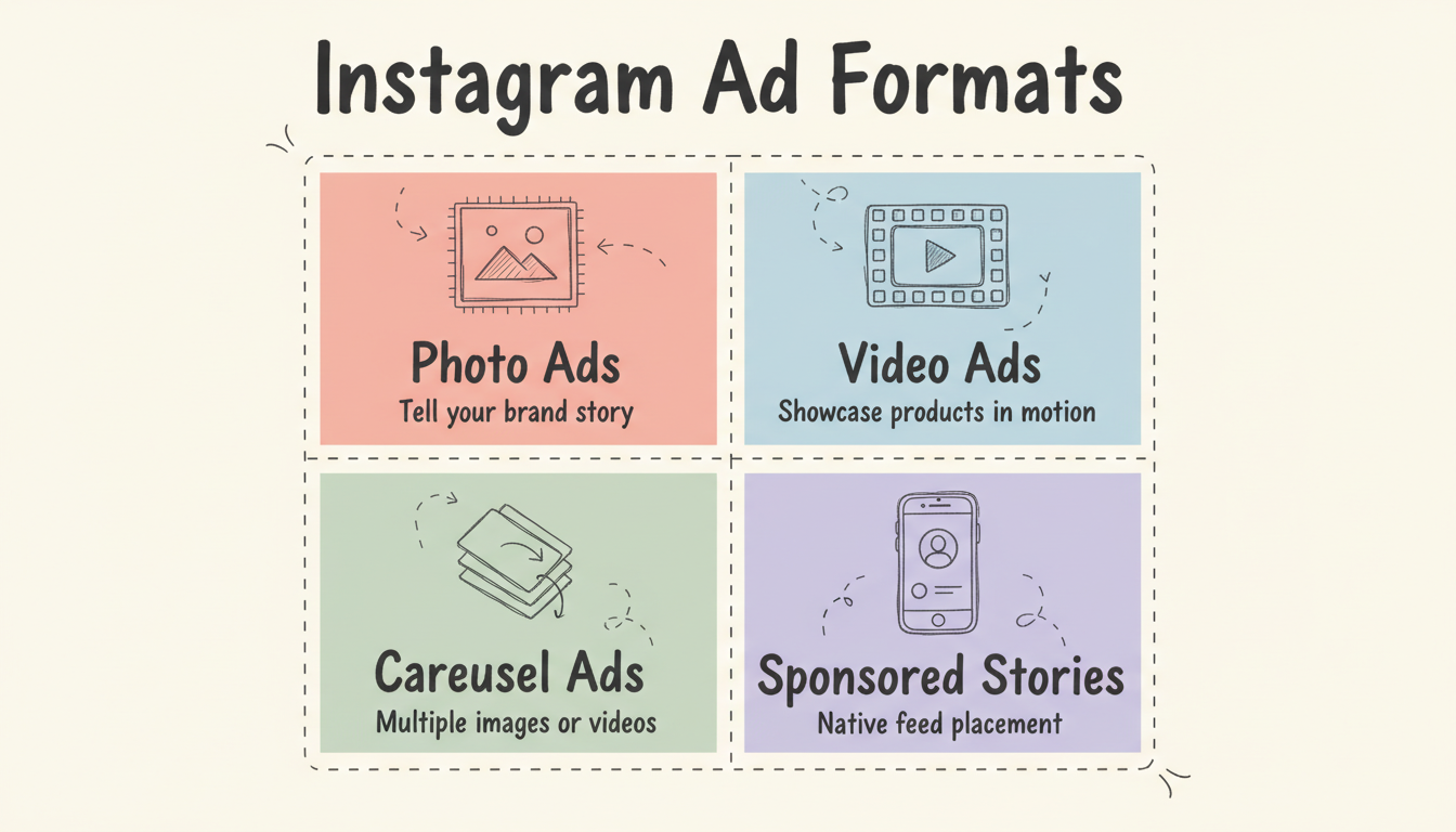 Instagram Ad Formats - Photo Ads, Video Ads, Carousel Ads, and Sponsored Stories compared