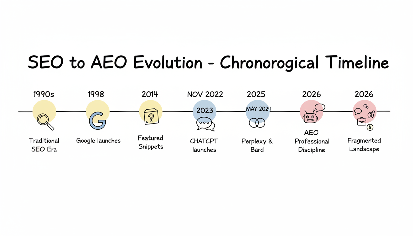 The evolution from traditional SEO to AI-powered Answer Engine Optimization, 1990s–2026