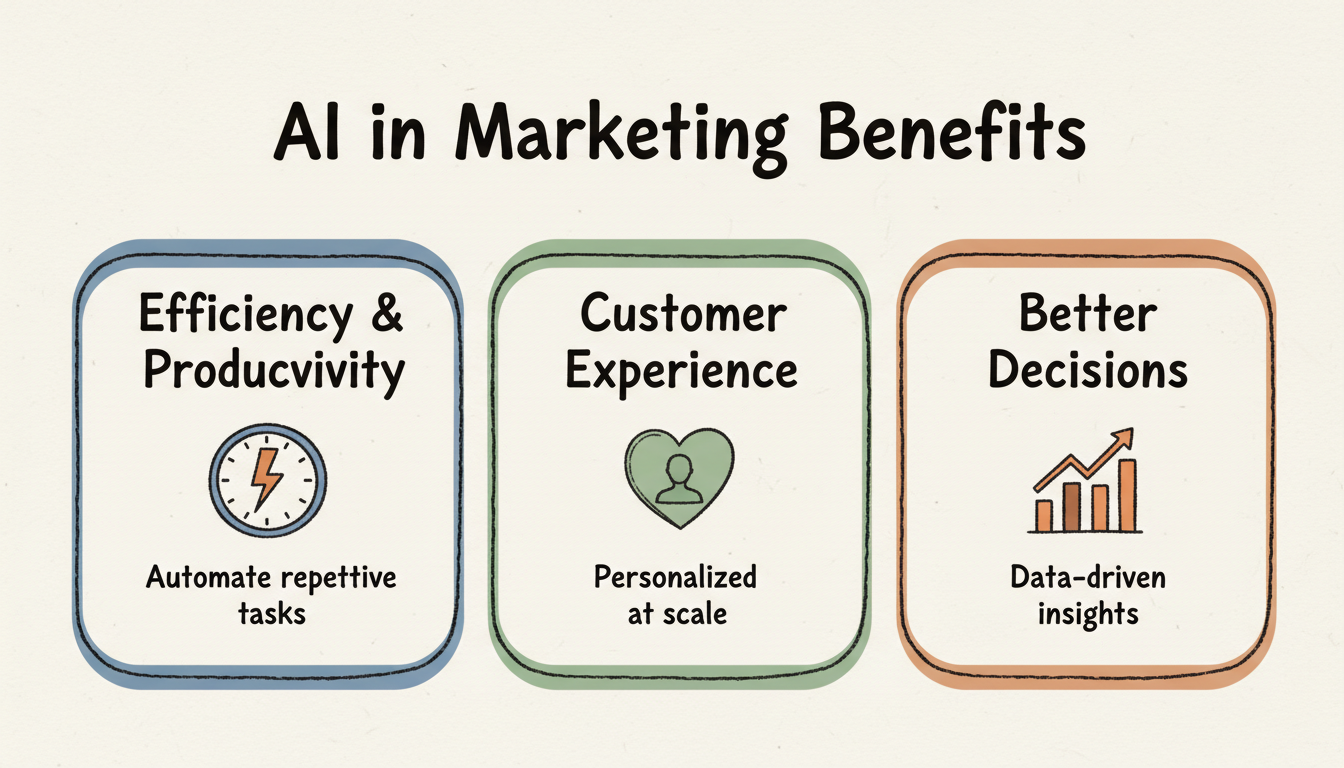Three key benefits of AI in marketing: efficiency and productivity, enhanced customer experience, and improved decision making