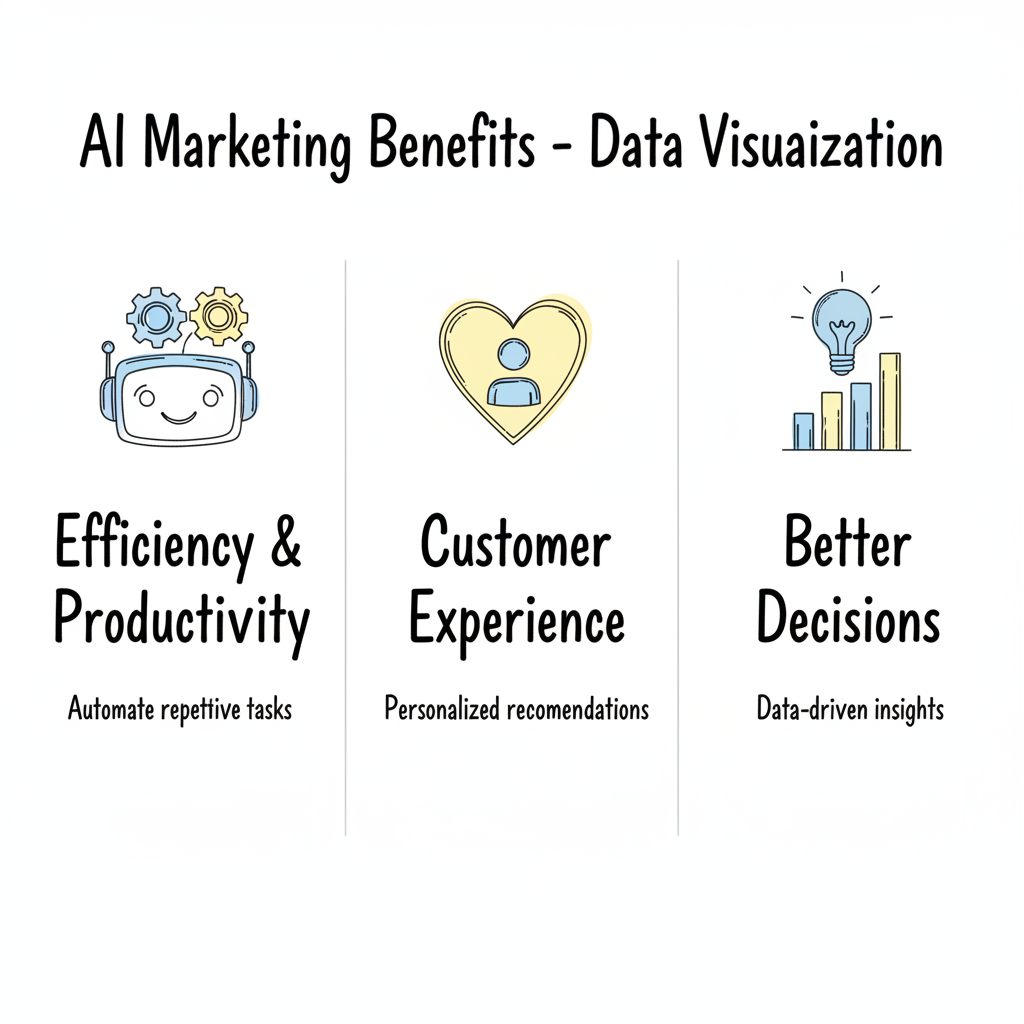 Three core AI marketing benefits: efficiency and productivity, enhanced customer experience, and improved decision making