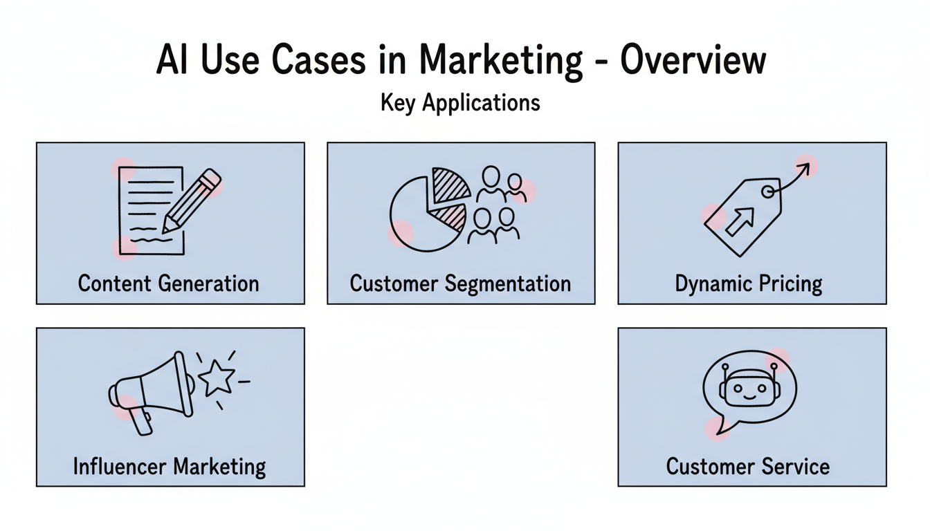 Five AI marketing use cases: content generation, customer segmentation, dynamic pricing, influencer marketing, and customer service