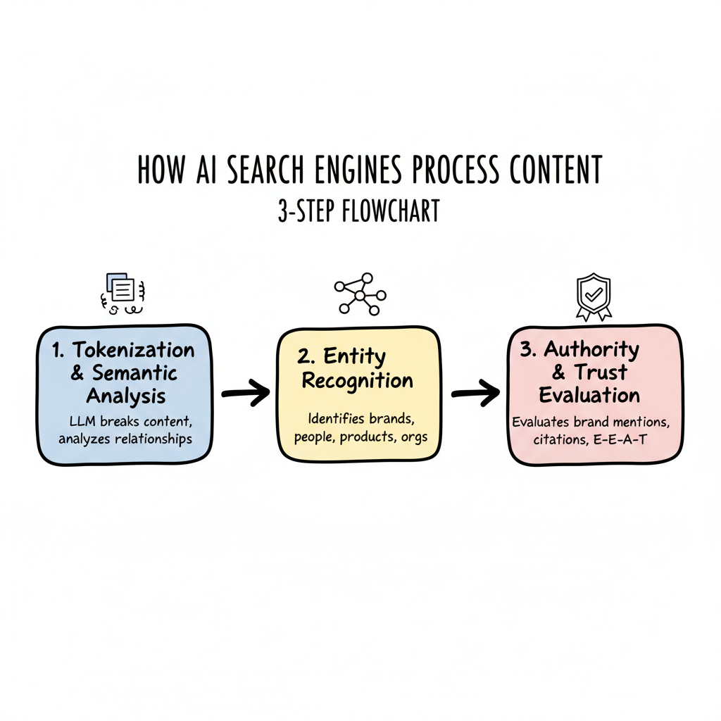 How AI search engines process content: three-step flowchart from Tokenization and Semantic Analysis through Entity Recognition to Authority and Trust Evaluation