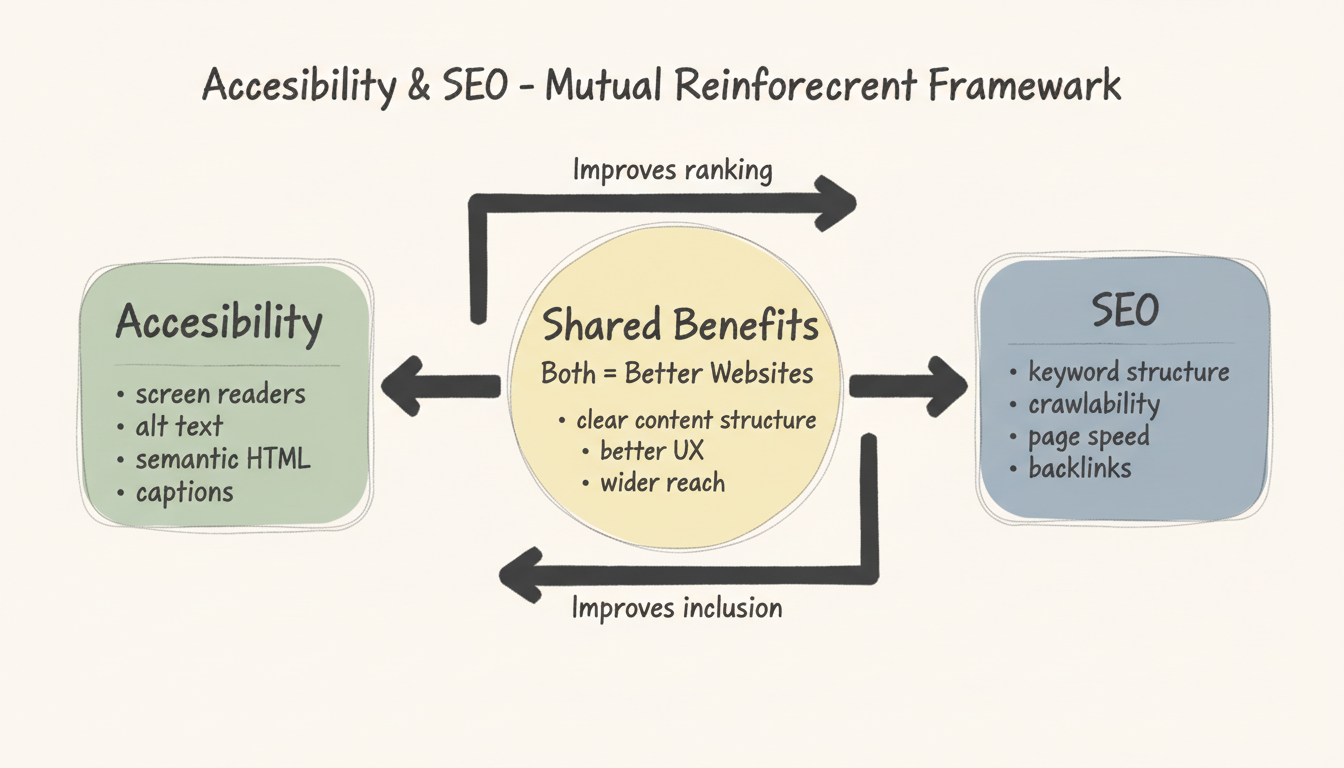 Accessibility and SEO mutual reinforcement framework showing bidirectional relationship between the two disciplines