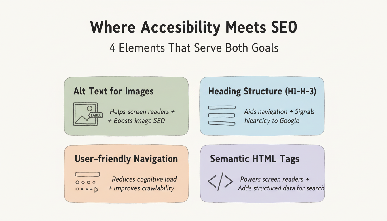 4 shared elements of accessibility and SEO: alt text, heading structure, user-friendly navigation, and semantic HTML tags
