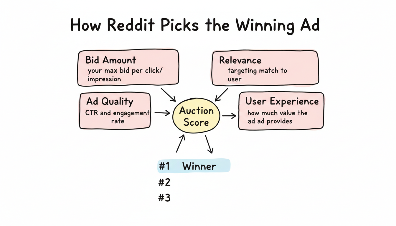 How Reddit picks the winning ad — auction ranking factors diagram