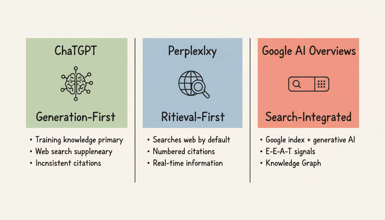 ChatGPT, Perplexity, and Google AI Overviews compared side by side: generation-first, retrieval-first, and search-integrated architectures