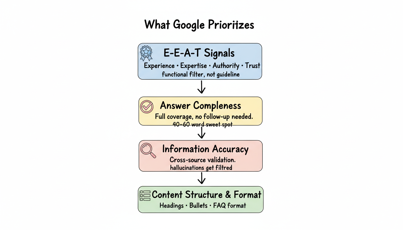 Four primary factors Google uses to select AI Overview sources: E-E-A-T signals, answer completeness, information accuracy, and content structure, shown as a ranked priority framework
