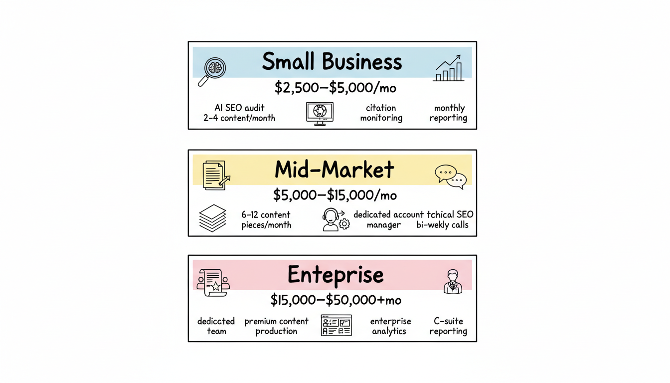 AI SEO pricing tiers by business size: small ($2,500–$5,000/mo), mid-market ($5,000–$15,000/mo), enterprise ($15,000–$50,000+/mo)