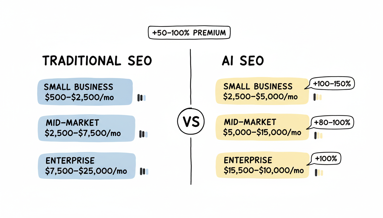 AI SEO vs Traditional SEO cost comparison: AI SEO costs 50-100% more across all business sizes